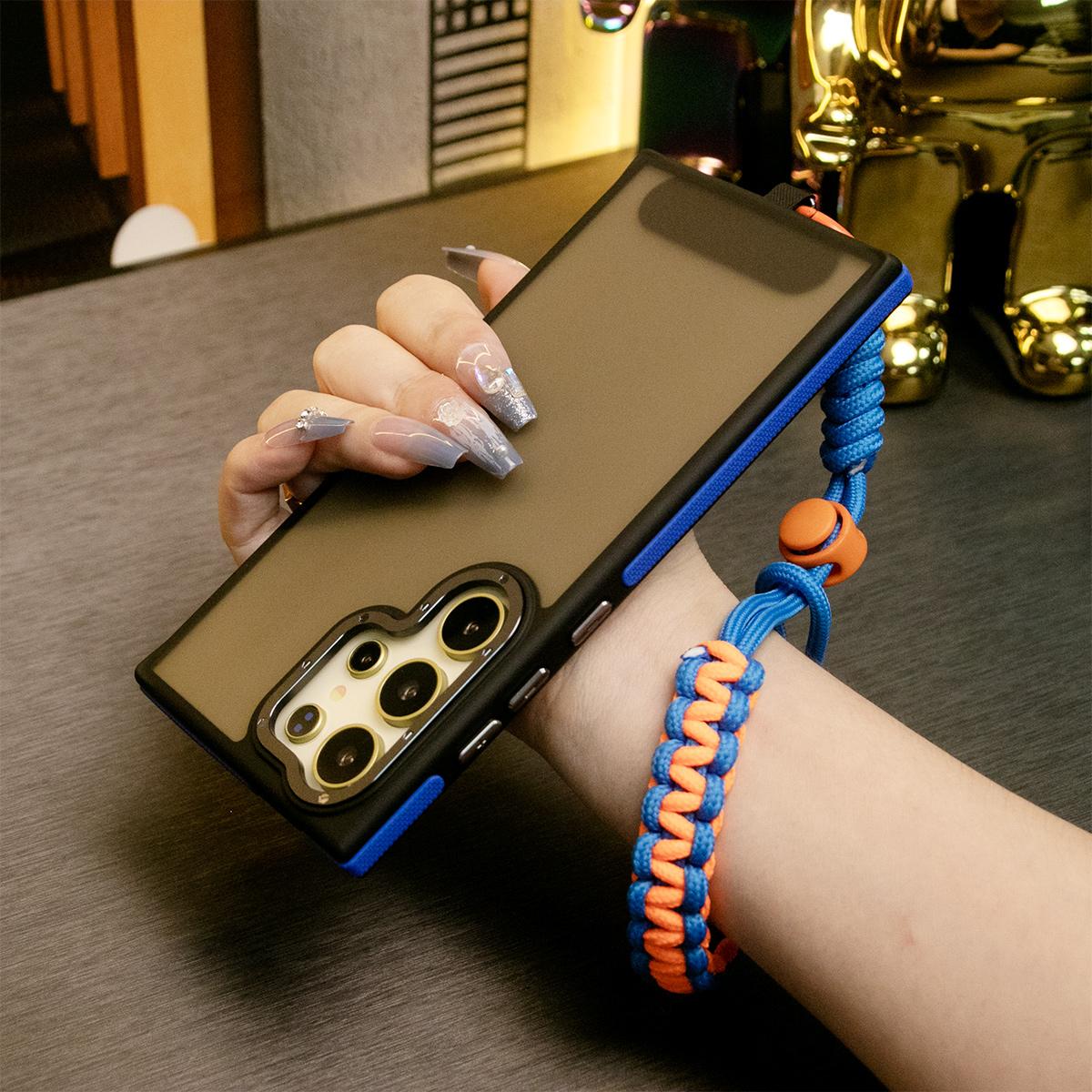 For Samsung S25Ultra S24 S23FE A15 A14 A25 A34 A35 A54 A55 Phone Case, Metal Camera Protection, With Adjustable Woven Wristband, Elegant Matte Metal Camera Frame Shockproof Bumper Hard Full Cover