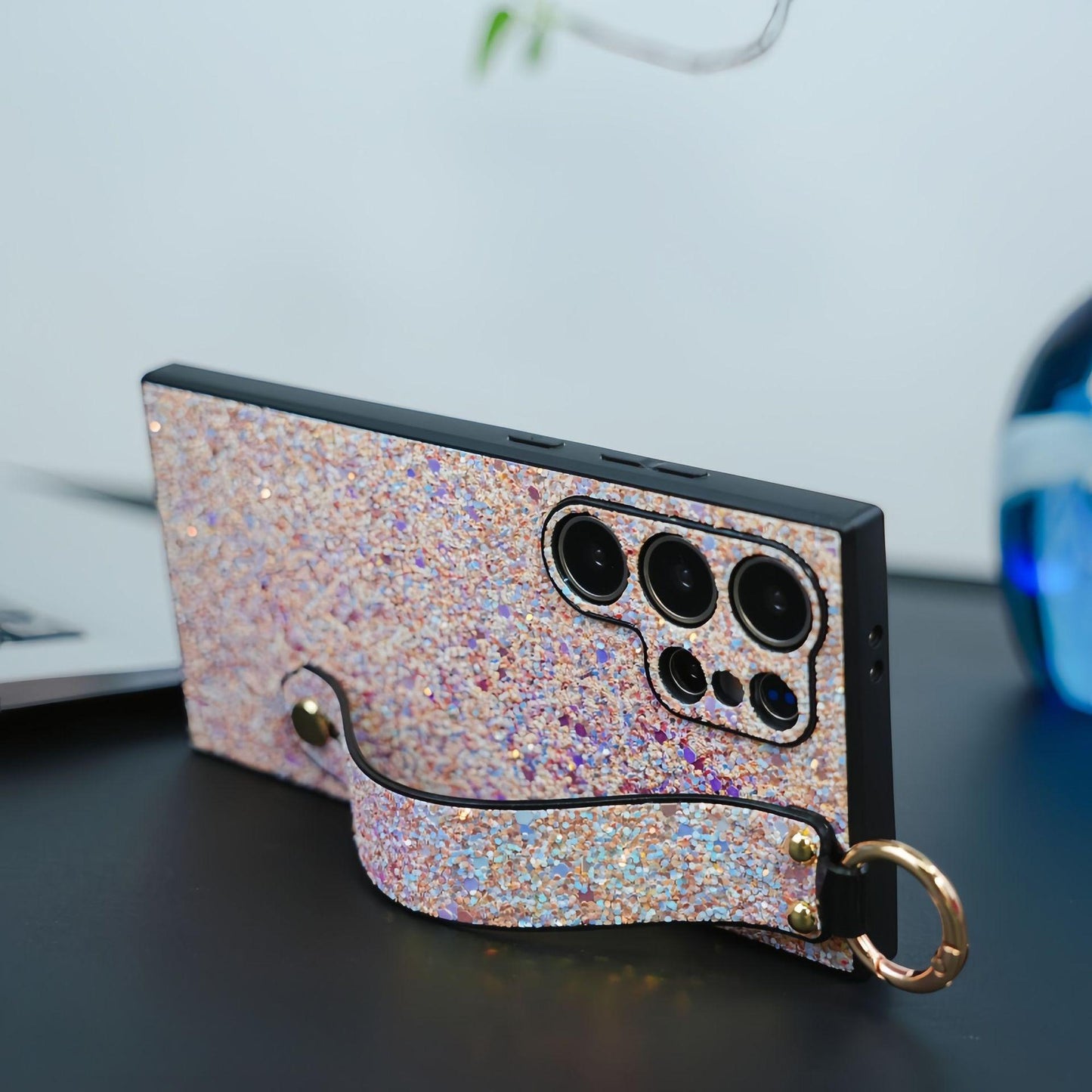 For Samsung S25Ultra S25 S24 S23 S22 S21 Case With Wristband, Glitter Durable Faux Kickstand Shockproof Hard Full Cover Phone Case