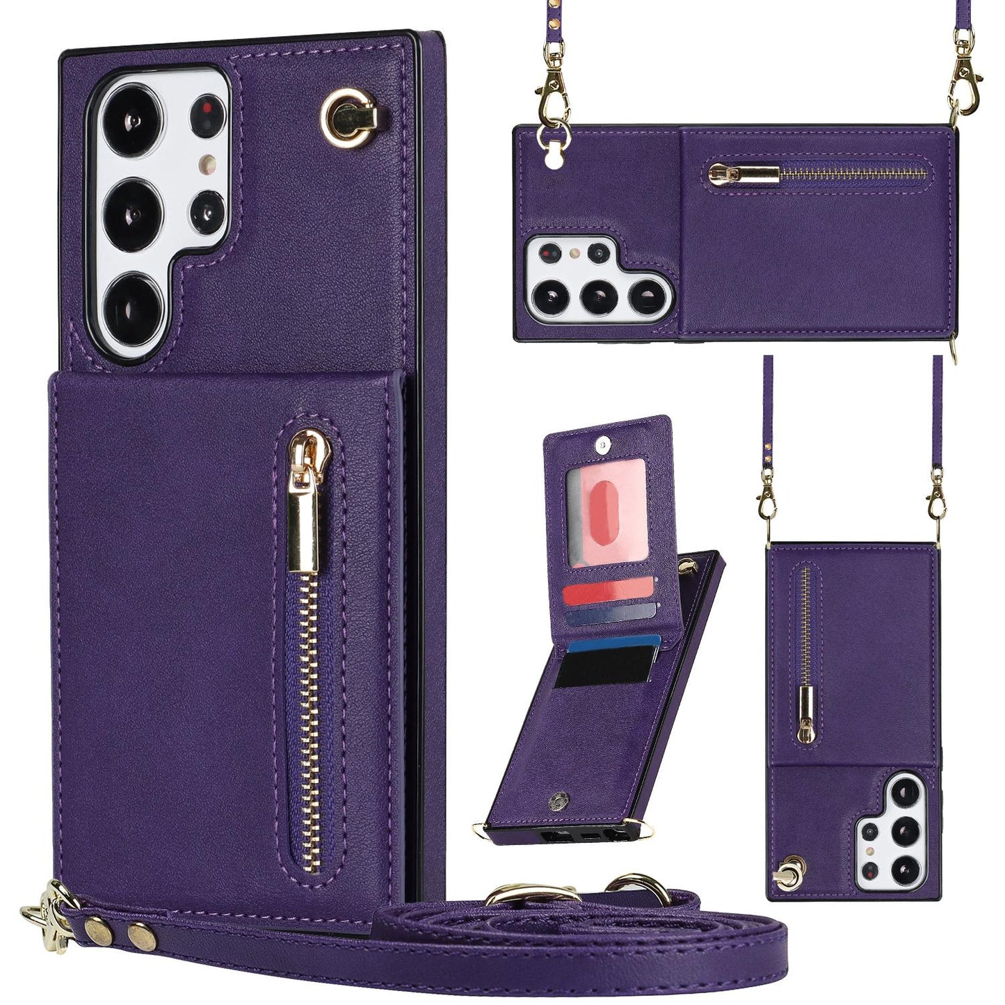 Crossbody Wallet Case Case For Samsung Galaxy S24 S23 S22 Plus Note 20 Ultra With Card Slot Holder, Magnetic Flip Folio Purse Case, PU Leather Zipper Handbag With Detachable Lanyard Strap
