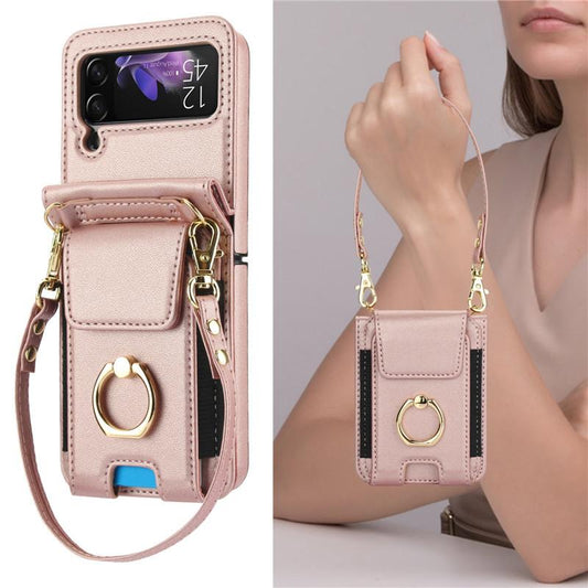 Luxury Crossbody Shoulder Hand Strap Ring Phone Holder Card Slot Wallet Folding Case for Samsung Galaxy Z Flip 6 5 Z Flip 4 3 5G