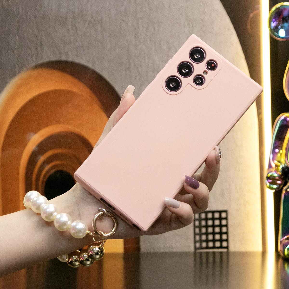 Silicone Matte Phone Case with Pearl Metal Lanyard For Samsung S24 S23 S22 S21 Ultra Plus S24Plus S24Ultra Camera Protect Soft Cover S23 FE