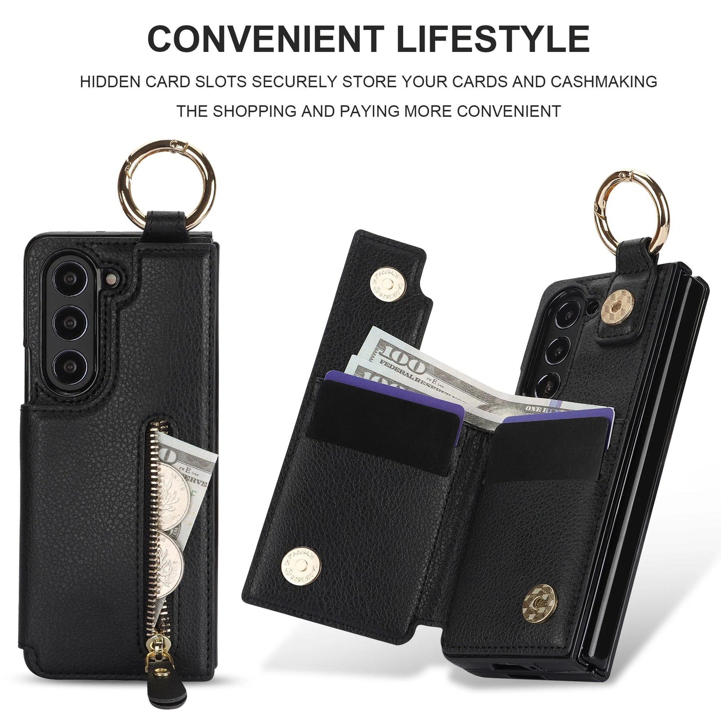 Folding Card Bag Finger Ring Leather Stand Case for Samsung Galaxy Z Fold 3 4 5 6 5G ZFold6 Zipper Wallet  Business ZFold5 Cover