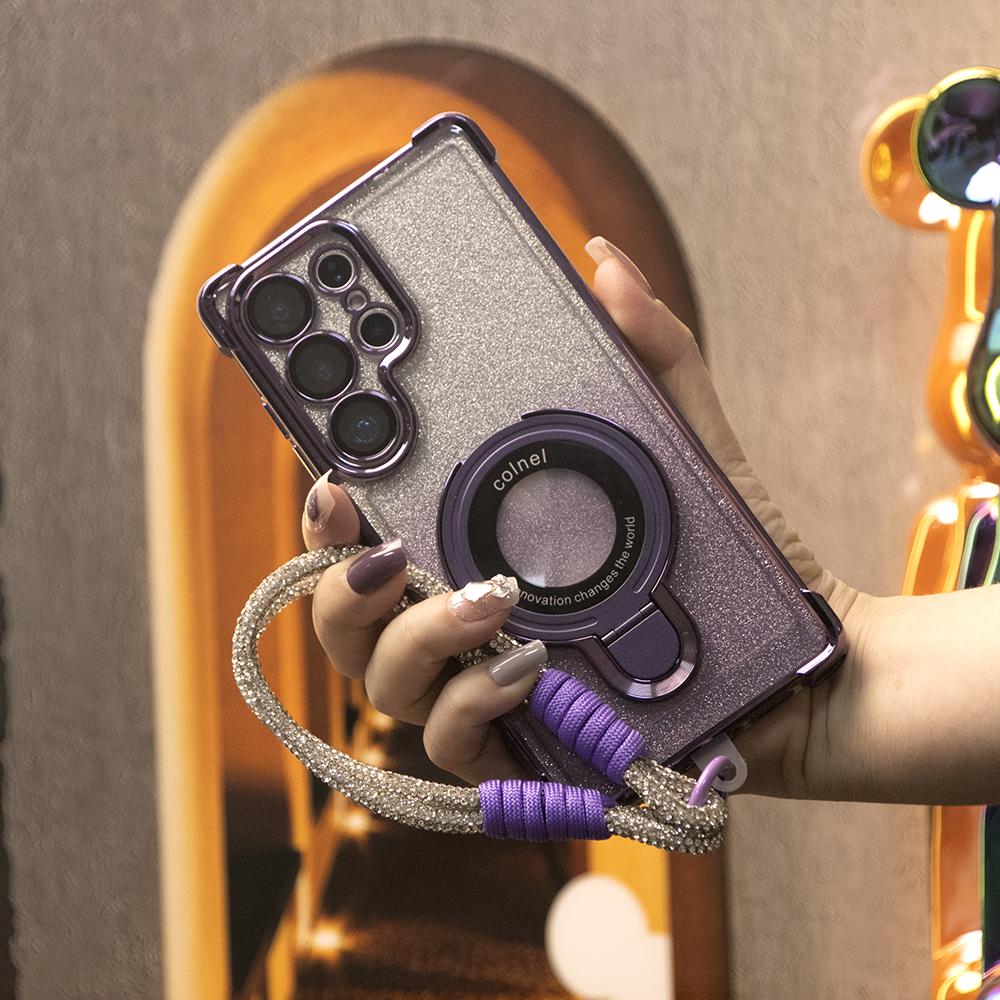 Gradient Plating Four Corners Shockproof Metal Kickstand Case with Woven Diamond Wristband for Samsung S25Ultra S25 S24 S23 S22 A53 A54 A55 Transparent Hard Acrylic Bumper Armor Cover