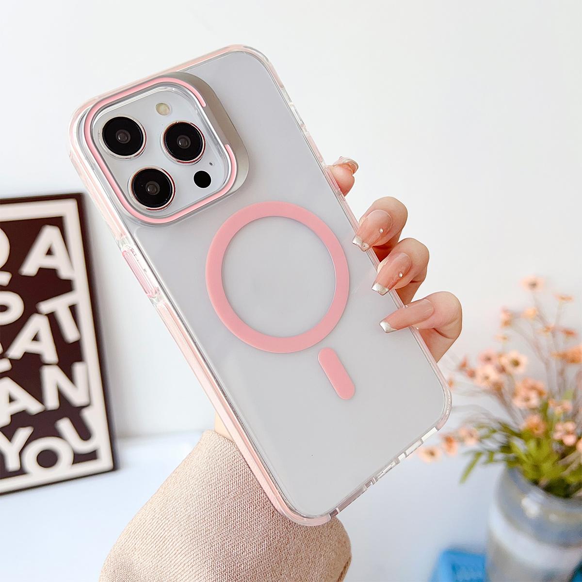 Dual Color Lens Stand Magnetic For Magsafe Wireless Charging Phone Case For iPhone 16 15 14 13 Pro Max Plus Clear TPU Acrylic Hard Cover