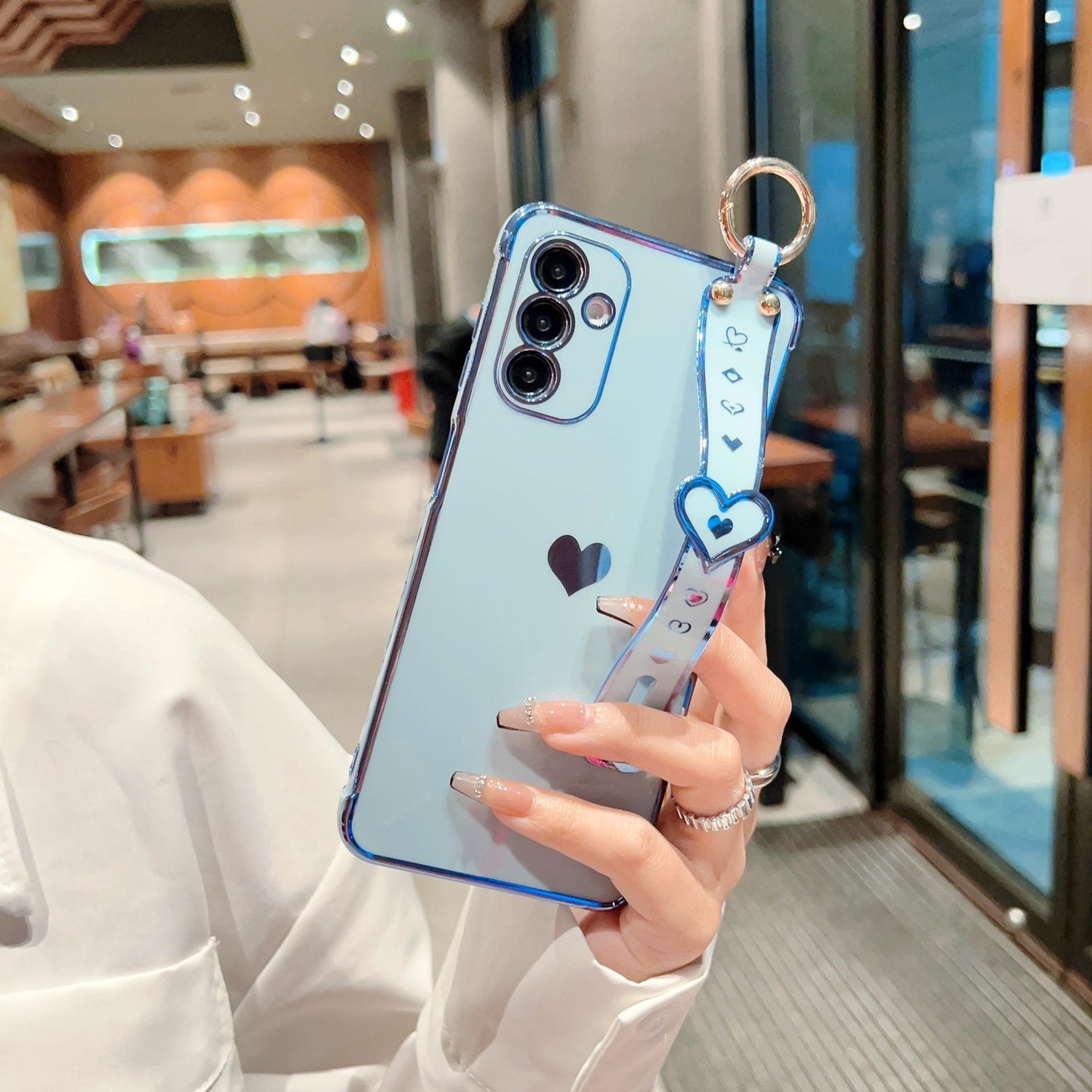 Plating Love Heart TPU Phone Case with Wristband For Samsung S25Ultra S24 S23 S22 S21 Shockproof Soft Full Cover