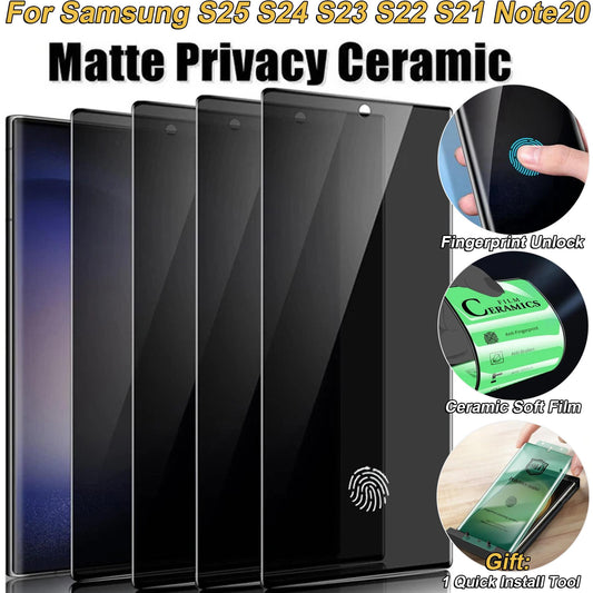 4 Pieces Matte Privacy / High Definition Coverage Fingerprint Unlock Anti-Broken Soft Ceramic Film For Samsung S25Ultra S25 S24 S23 S22 S21 Note20 Screen Protector with Installation Tool