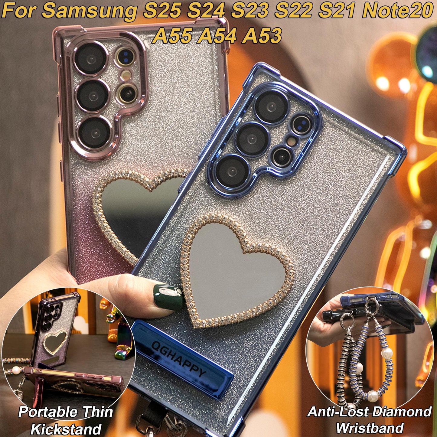 Gradient Plating Four Corners Love Heart Mirror Thin Kickstand Case with Pearl Diamond Wristband for Samsung S25Ultra S25 S24 S23 S22 S21 Note20 A53 A54 A55 Hard Acrylic Bumper Full Cover