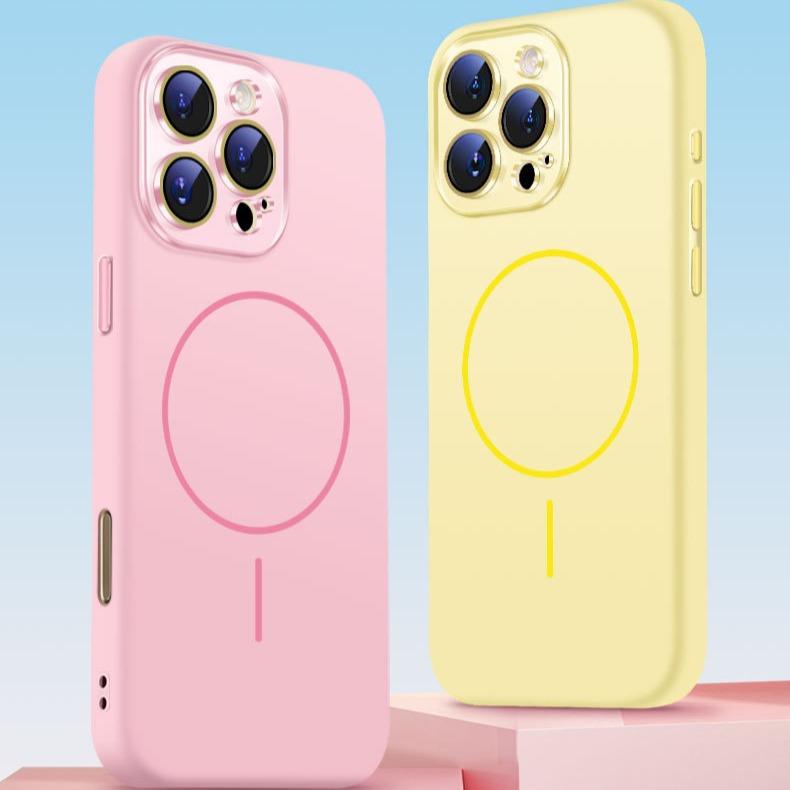 Liquid Silicone Fine Ring Strong Magnetic Precision Crystal Len Protector Fingerprint-proof Phone Case For iPhone 16ProMax 15 14 13 12 11, Soft Skin Feel Shockproof Soft Full Cover