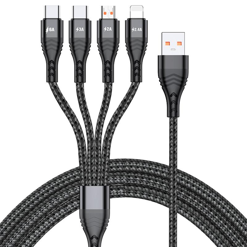 1.2m/2m 6A 4in1 One Drag Four Fast Filling Line Cable Aluminum Alloy + Two-color Braided Thread Fast Charging IP Type-C Android Universal