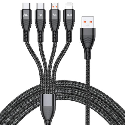 1.2m/2m 6A 4in1 One Drag Four Fast Filling Line Cable Aluminum Alloy + Two-color Braided Thread Fast Charging IP Type-C Android Universal