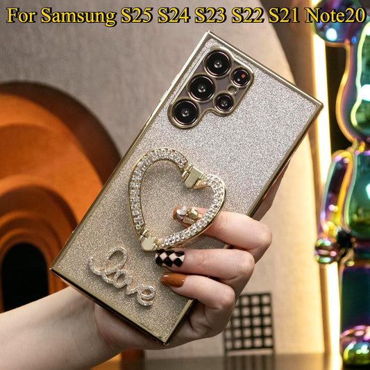 Luxury Diamond Glitter Crystal Love Heart Holder Bracket Glitter Clear Gradient TPU Plating Shockproof Soft Phone Case For Samsung S25 S24 S23 S22 S21 Note20