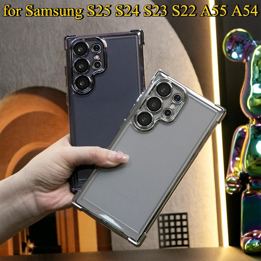 Luxury Plating Four Corners Shockproof Clear Case for Samsung S25 S24 S23 S22 A55 A54 Transparent Hard Acrylic Hybrid Bumper Armor Cover