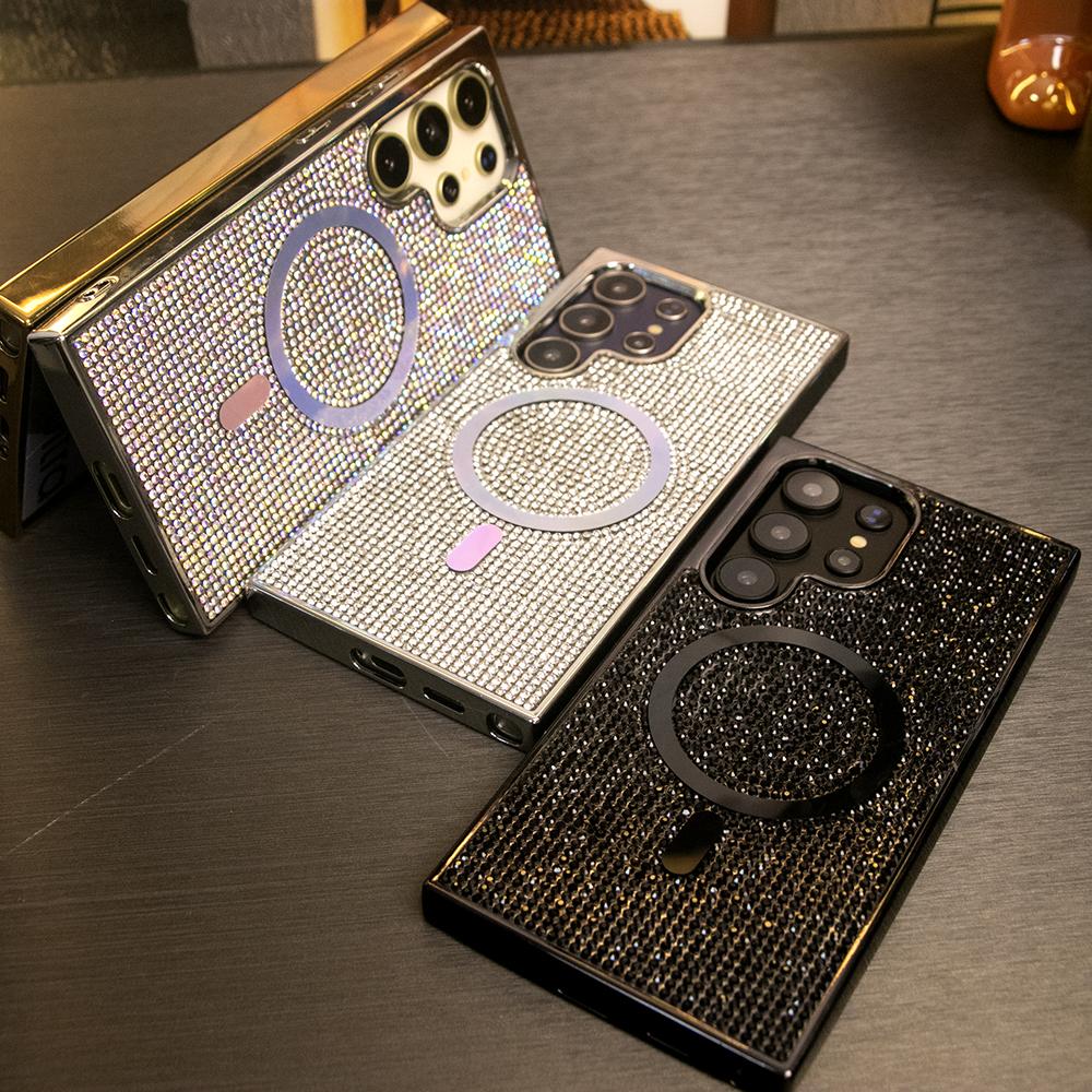 Colorful Glitter Rhinestone Plating Diamonds Strong Magnetic Wireless Charging Phone Case For Samsung S25Ultra S25+ S25 S24 S23 Ultra Shockproof Protection Soft Bumper Cover