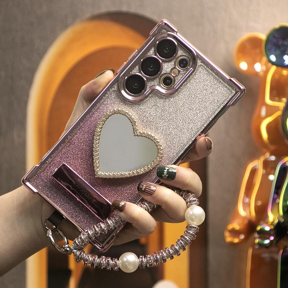 Gradient Plating Four Corners Love Heart Mirror Thin Kickstand Case with Pearl Diamond Wristband for Samsung S25Ultra S25 S24 S23 S22 S21 Note20 A53 A54 A55 Hard Acrylic Bumper Full Cover
