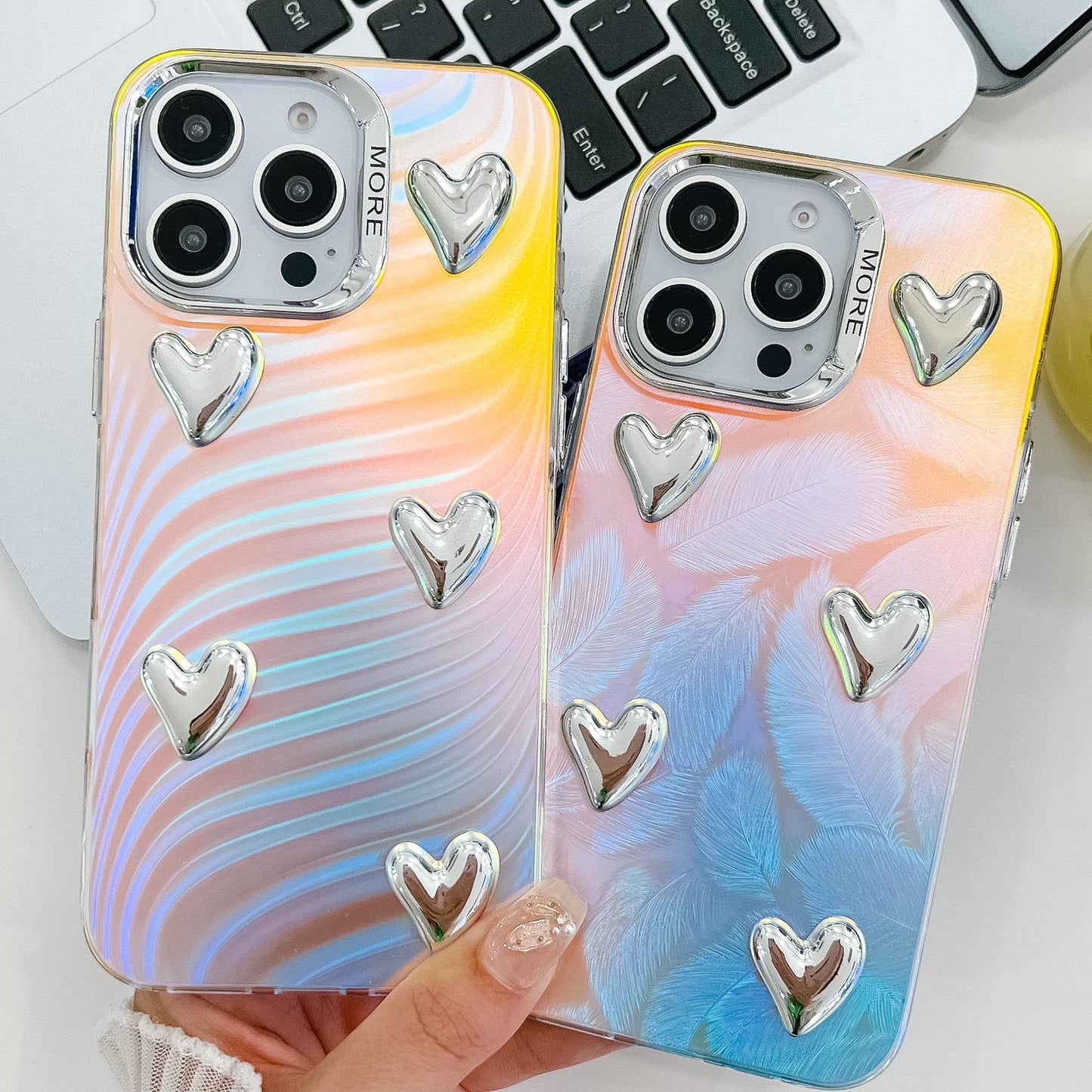 For iPhone 16ProMax 16 15 14 13 Phone Case, Electroplating Laser Love Heart Pattern Acrylic Slim, Camera Protection Non-Yellowing Hard Cover