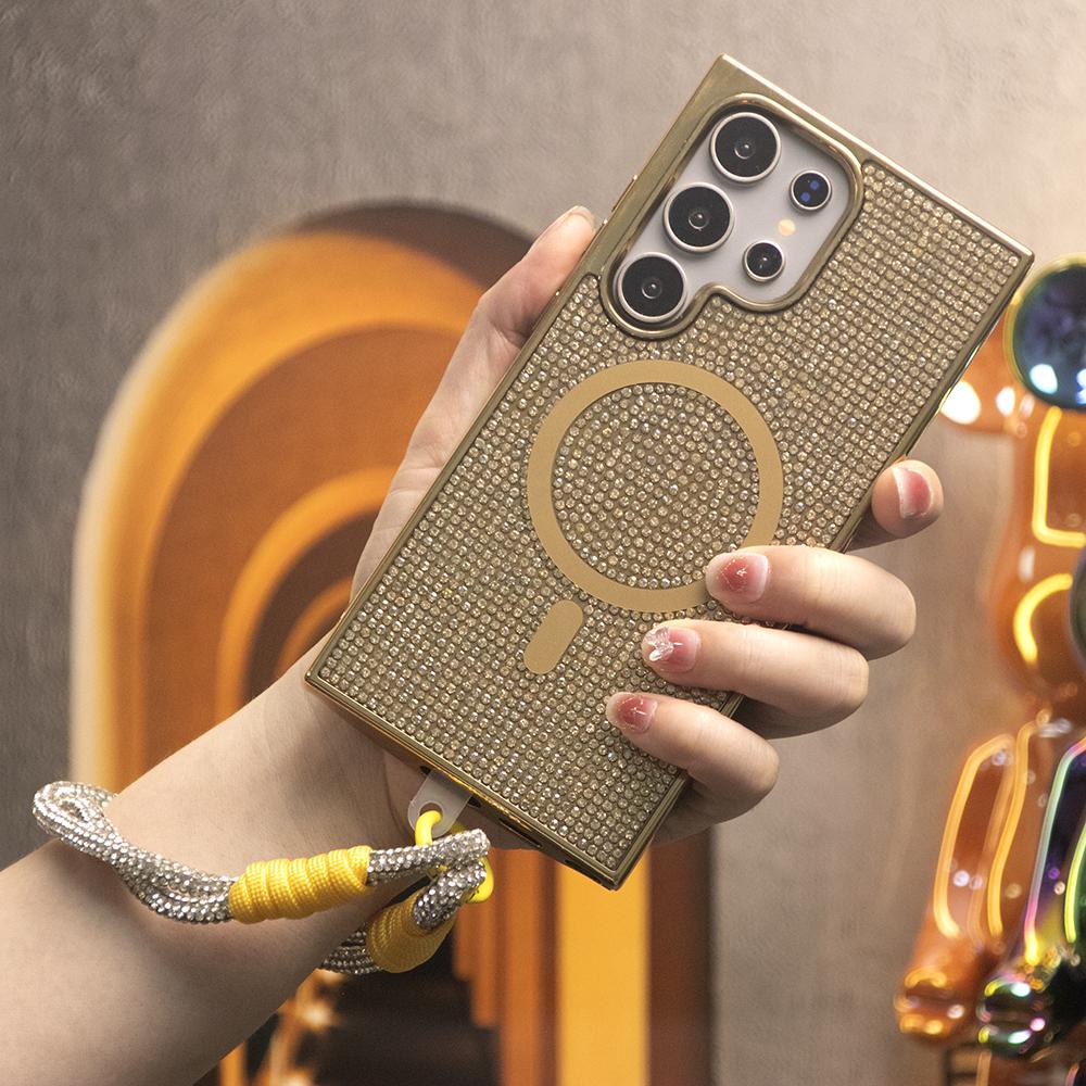 Colorful Glitter Rhinestone Plating Diamonds Strong Magnetic Wireless Charging Phone Case with Woven Diamond Wristband For Samsung S25Ultra S25 S24 S23 Shockproof Protection Hard Cover