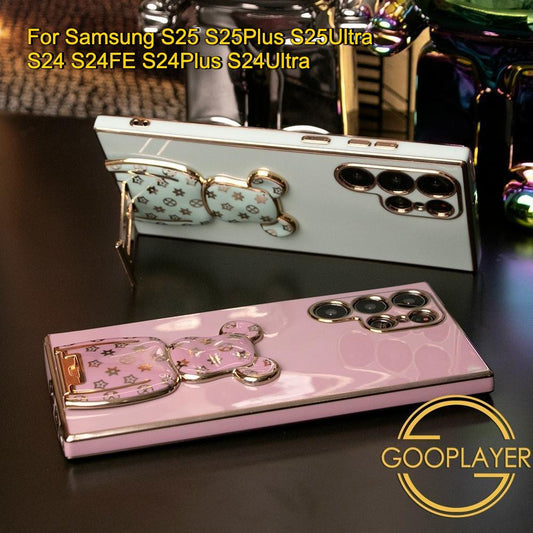 Plating Flower Bear Stand Phone Case for Samsung Galaxy S25Ultra S24 S25 Plus FE Soft TPU Back Cover