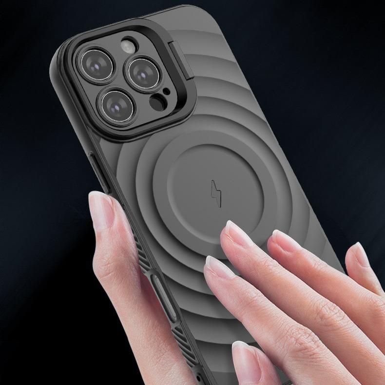 Matte Ripple Pattern Magnetic Phone Case with Camera Kickstand For iPhone 16ProMax 16 15 14 13 Skin Feel Shockproof Soft Full Cover