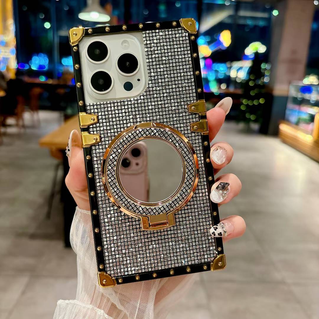 Luxury Glitter Bling Diamond Heavy Duty Protection Shockproof With Mirror Magnetic Kickstand Phone Case for iPhone 16ProMax 16 15 14 13 12 11 Pro Max Plus Fashion Square Case Back Soft Cover