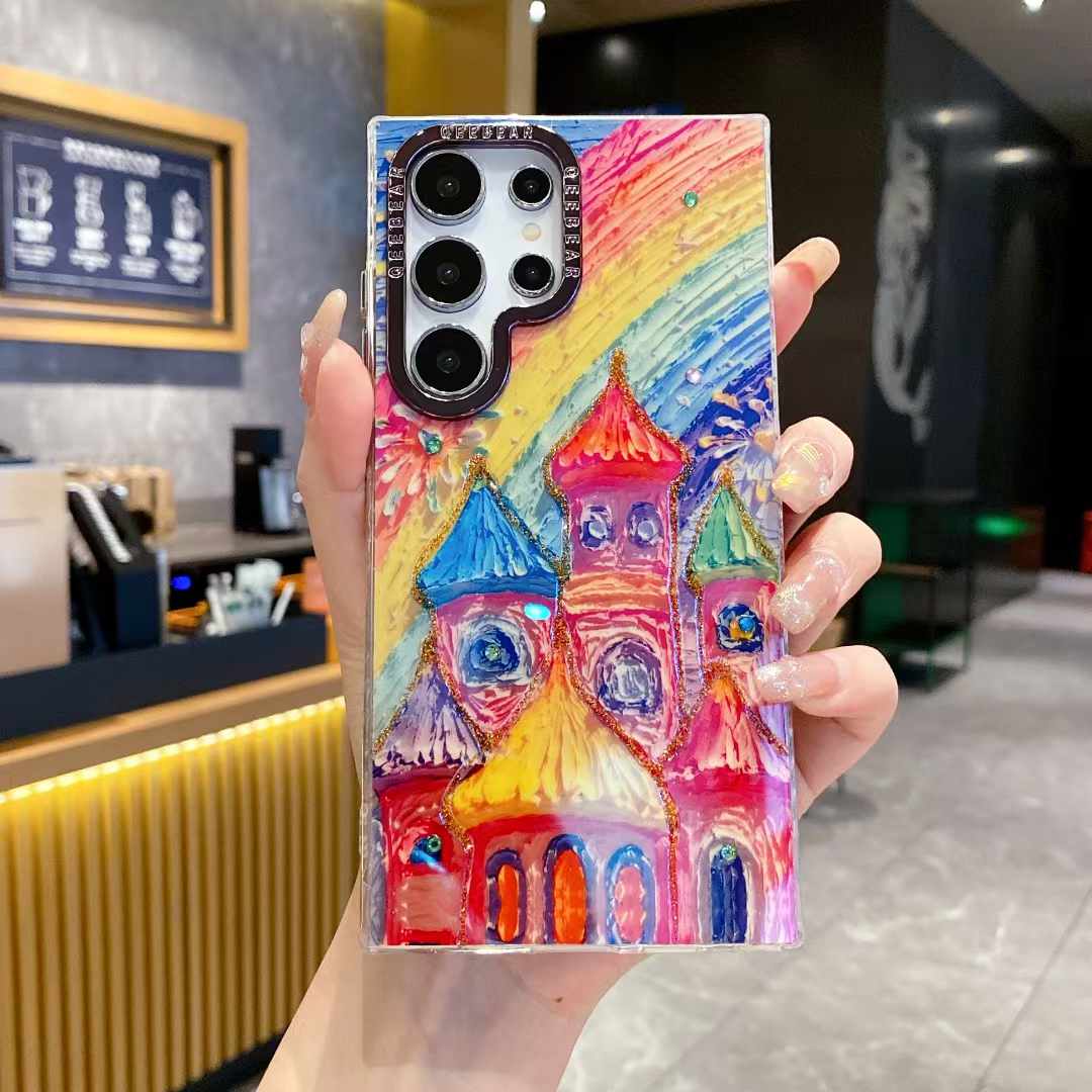 For Samsung S25 S24 S23 S22 A34 A35 A53 A54 A55 Note20Ultra Phone Case, Luxury Elegant Colorful Rainbow Castle Butterfly Flower Oil Painting Metal Camera Frame Anti-drop Hard Shockproof Full Cover