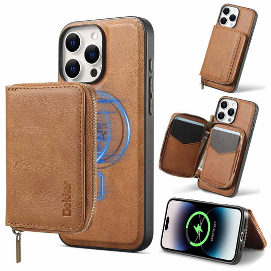 For iPhone 16ProMax 16 15 14 13 12 Leather Phone Case with Strong Magnetic Wallet, Anti-Fall Card Bag Kickstand for Magsafe Shockproof Business Hard Full Cover