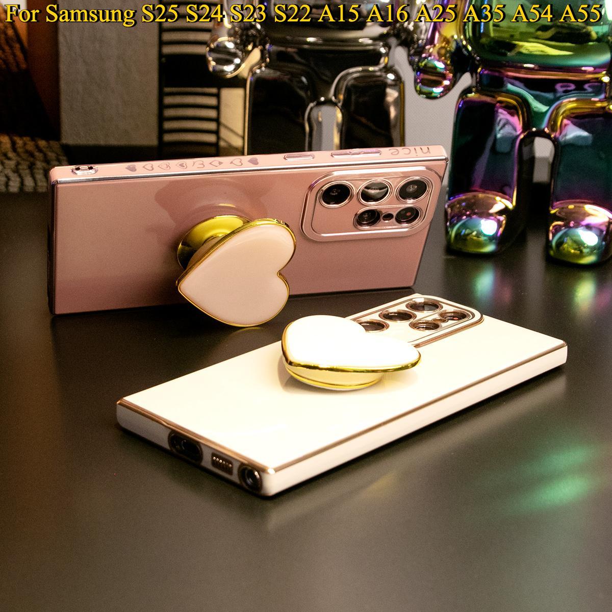 Love Heart Kickstand Pop Stand Plating Soft Phone Case For Samsung S25Ultra S25 S24Ultra S24FE S24 S23 S22 A15 A16 A25 A35 A53 A54 A55