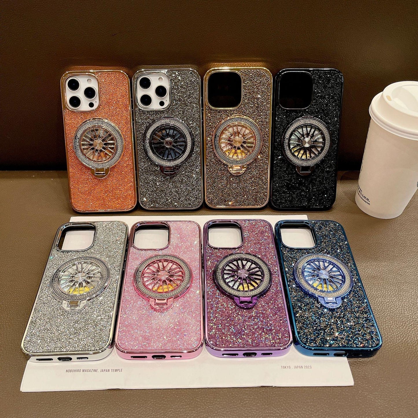 Luxury Rhinestone Glitter Plating Slim PC Phone Case with Gyro Kickstand For iPhone 16ProMax 15 14 13 Hard Full Cover