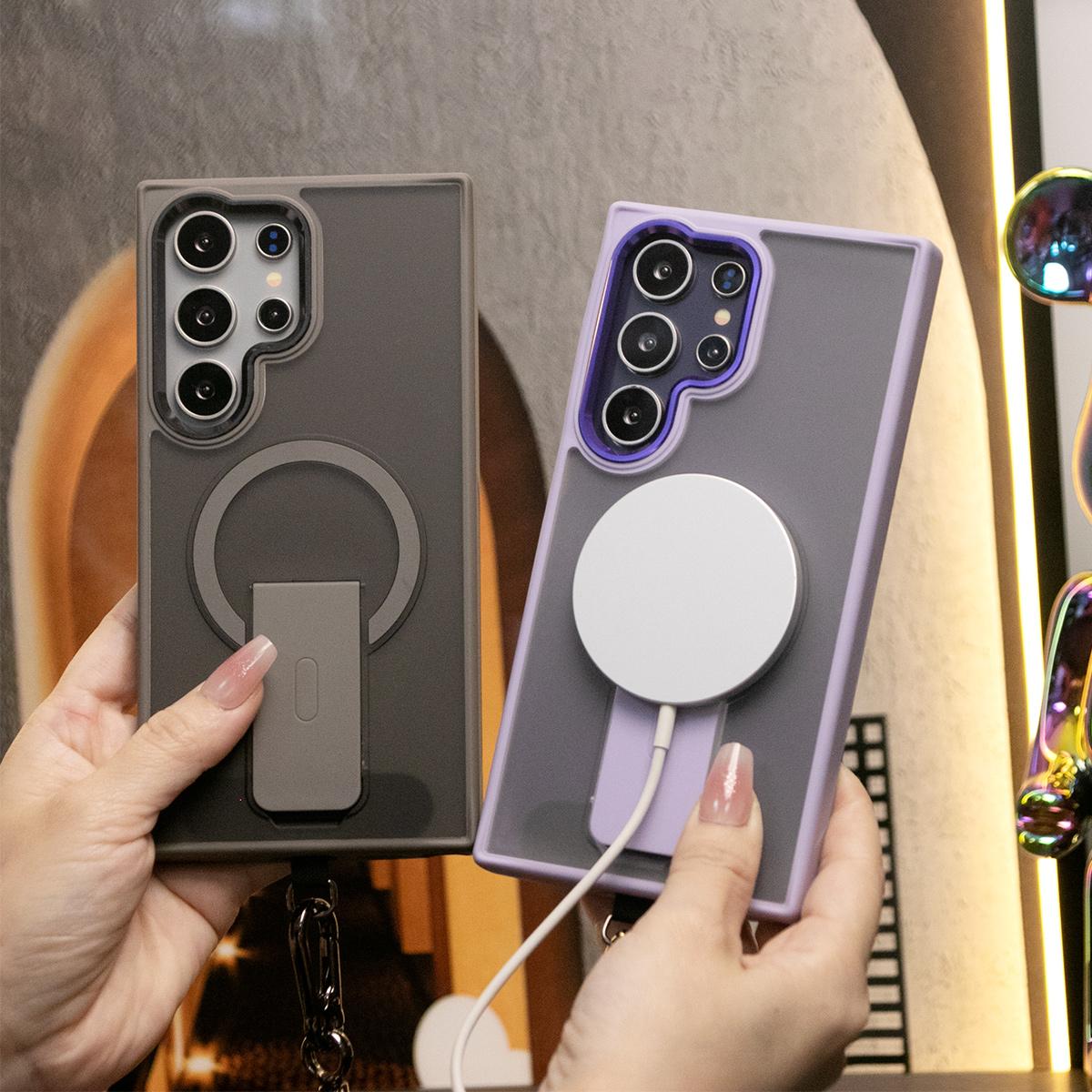 Matte Clear Portable Kickstand Magnetic Phone Case With Multifunctional Wristband For Samsung S25Ultra S25Plus S24FE S24Ultra S25 S24 S23 Skin Feel Shockproof Camera Metal Frame