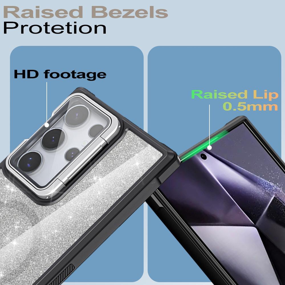 For Samsung S25Ultra S25 S24 S23 S21FE S20FE Strong Magnetic Phone Case, Glass Camera Kickstand Protection, Glitter Clear Acrylic Four Corner Shockproof Bumper Hand Feel Hard Full Cover