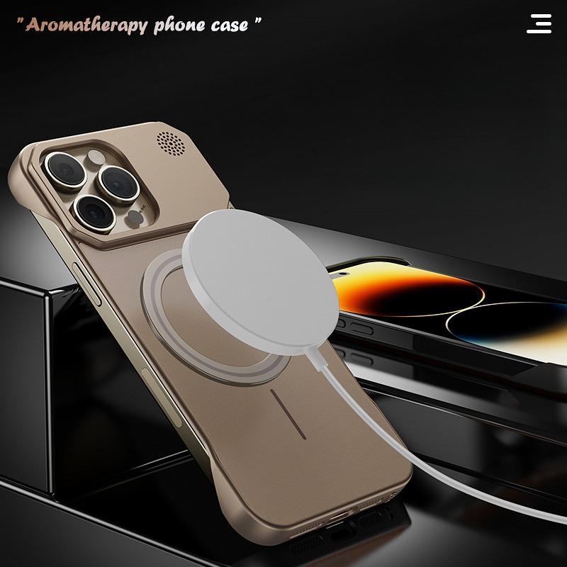 Aromatherapy Frameless Heat Dissipation Aluminium Alloy Strong Magnetic Len Protection Phone Case For iPhone 16ProMax 15 14 13 12 11, Skin Feel Shockproof Hard Full Cover