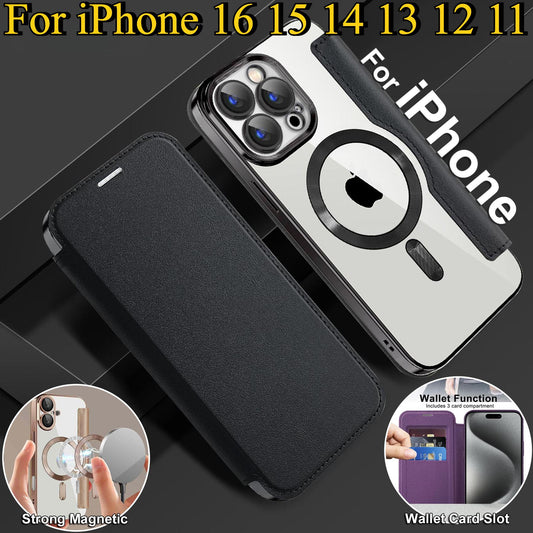 Wireless Charge Case for iPhone 16 15 14 13 Pro Max Magnetic Shockproof Flip Leather Shell Card Slot Hard PC Back Cover