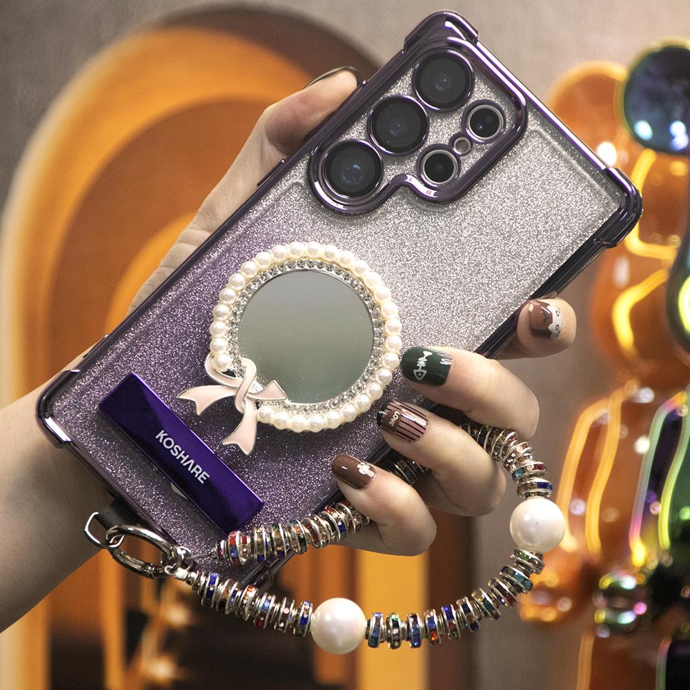 Gradient Plating Four Corners Bowknot Mirror Thin Kickstand Case with Pearl Diamond Wristband for Samsung S25Ultra S25 S24 S23 S22 S21 Note20 A53 A54 A55 Hard Acrylic Bumper Full Cover