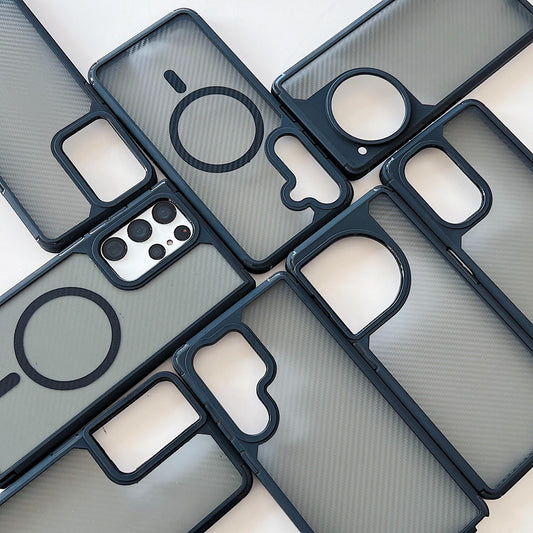 Carbon Fiber Matte Transparent Magnetic Black Acrylic Camera Protection Non-Yellowing Hard Cover For Samsung S25 S24 S23 S22 S21 Note20 For iPhone 16 15 14 13 12 11 X/XS XR XSMax Phone Case
