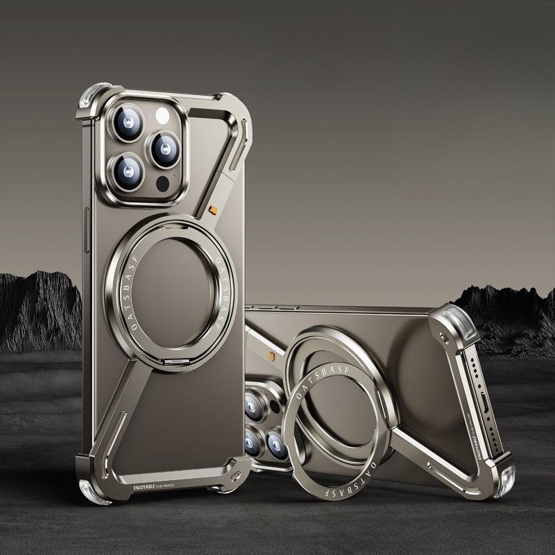 For iPhone 16ProMax 16 15 14 13 Desert Gold Aluminum Z Shape Phone Case with Metal 360 Rotating Kickstand, Anti-Fall for Magsafe Shockproof Frameless Support Wireless Charging Hard Full Cover