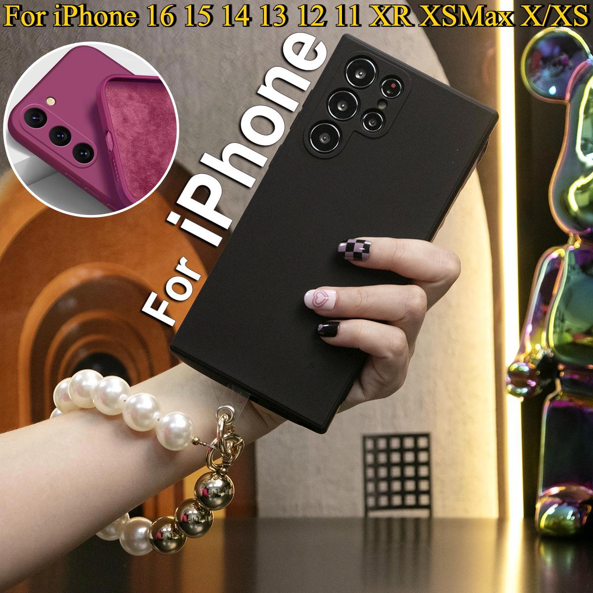 Liquid Silicone Matte Shockproof Phone Case with Pearl Metal Wristband For iPhone 16 15 14 13 12 11 XR XSMax X/XS Camera Protect Soft Cover