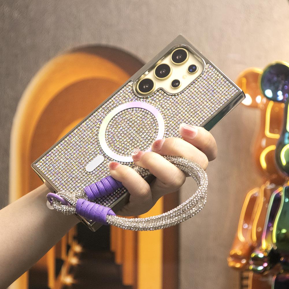 Colorful Glitter Rhinestone Plating Diamonds Strong Magnetic Wireless Charging Phone Case with Woven Diamond Wristband For Samsung S25Ultra S25 S24 S23 Shockproof Protection Hard Cover