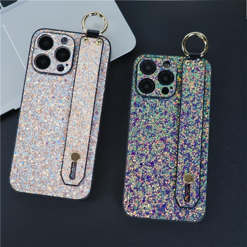 For iPhone 16ProMax 16 15 14 13 12 11 Case With Wristband, Luxury Glitter Durable Faux Leather Kickstand Shockproof Phone Case