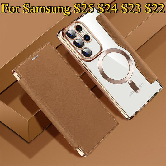 Luxury Flip Leather Magnetic Wireless Charging Phone Case For Samsung S25 S24 S23 S22 Stand Card Slots Bag Cover