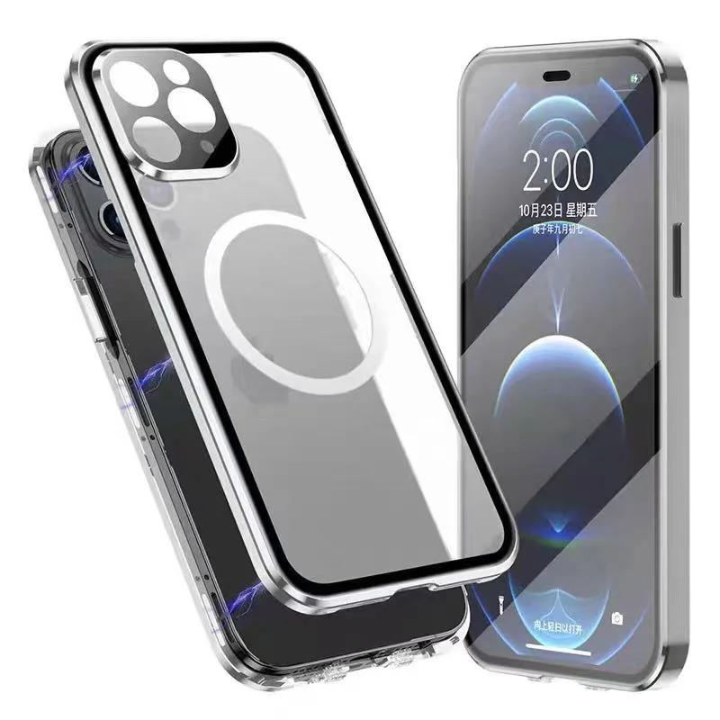 Double Sided HD Glass Matte Back Cover Aluminium Alloy For Magsafe Full Cover 360 Magnetic Ring High Definition Metal Case For iPhone 16ProMax 16 15 14 13 12 Pro Max Glass Full Cover