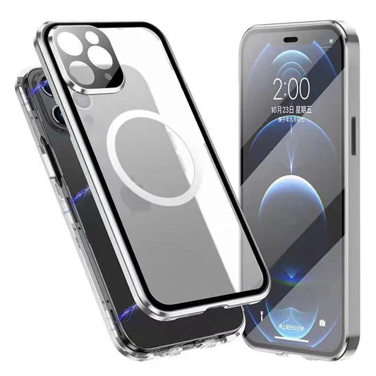 Double Sided HD Glass Matte Back Cover Aluminium Alloy For Magsafe Full Cover 360 Magnetic Ring High Definition Metal Case For iPhone 16ProMax 16 15 14 13 12 Pro Max Glass Full Cover