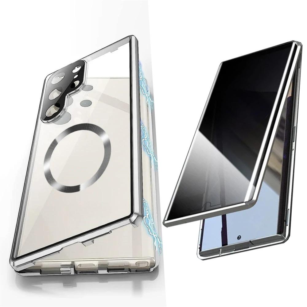 Privacy Tempered Glass Front Acrylic Magnetic Ring Black Cover Double Sided Magnetic Phone Case for Samsung S25Ultra S25 S24 S23 S22 S21 Metal Frame Anti-peep Full Case with Len Protection