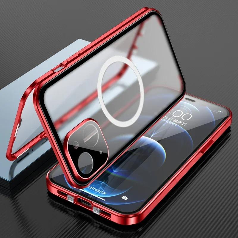 Double Sided HD Glass Matte Back Cover Aluminium Alloy For Magsafe Full Cover 360 Magnetic Ring High Definition Metal Case For iPhone 16ProMax 16 15 14 13 12 Pro Max Glass Full Cover