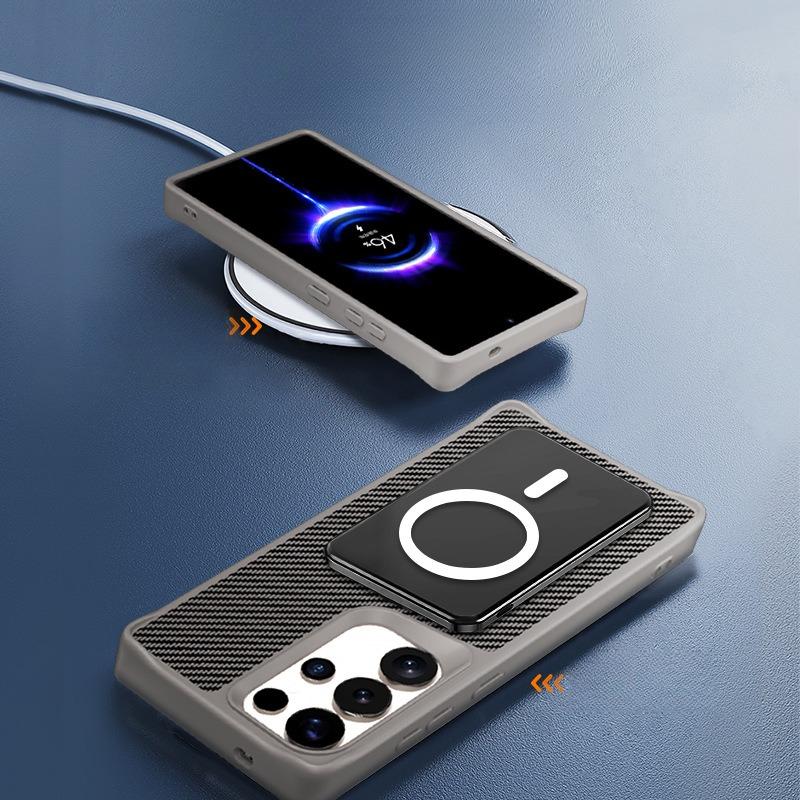 Carbon Fiber Pattern Slim PC Strong Magnetic Phone Case with 360 Rotating Metal Kickstand For Samsung S25Ultra S25Plus S25 S24 S23 A16 A26 A36 A56 Skin Feel Bumper Shockproof Hard Full Cover