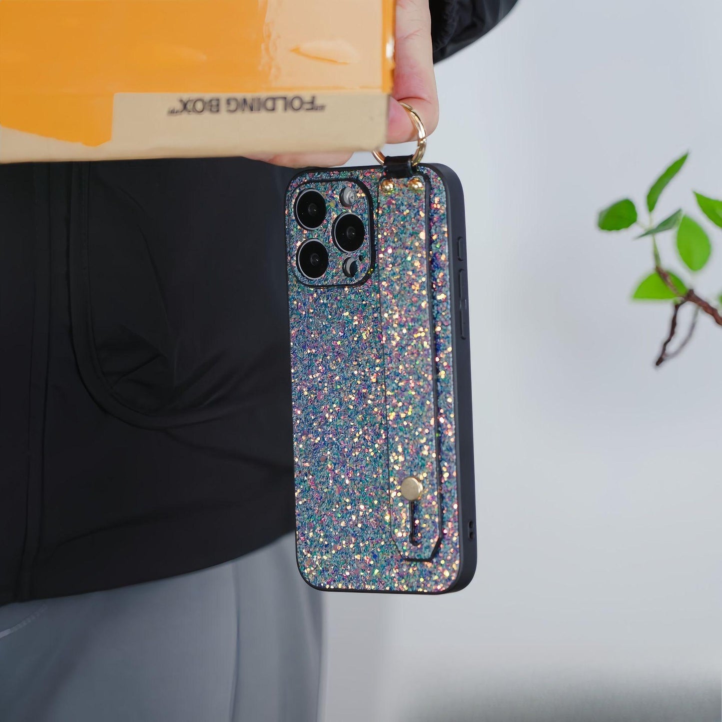 For iPhone 16ProMax 16 15 14 13 12 11 Case With Wristband, Luxury Glitter Durable Faux Leather Kickstand Shockproof Phone Case