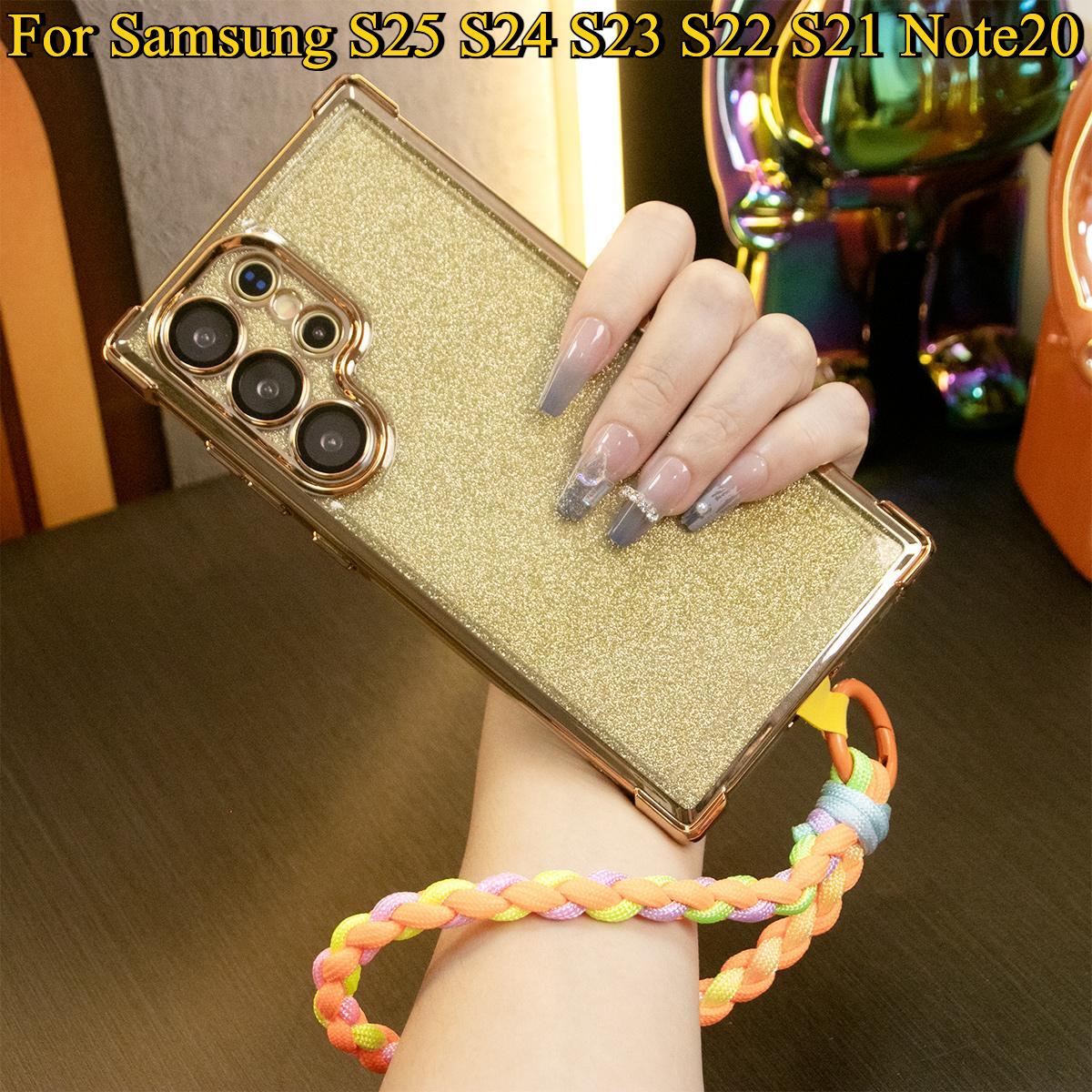 Luxury Glitter Plating Four Corners Shockproof Clear Case With Woven Wristband For Samsung S25 S24 S23 S22 S21 Note20 Transparent Hard Acrylic Hybrid Bumper Armor Cover