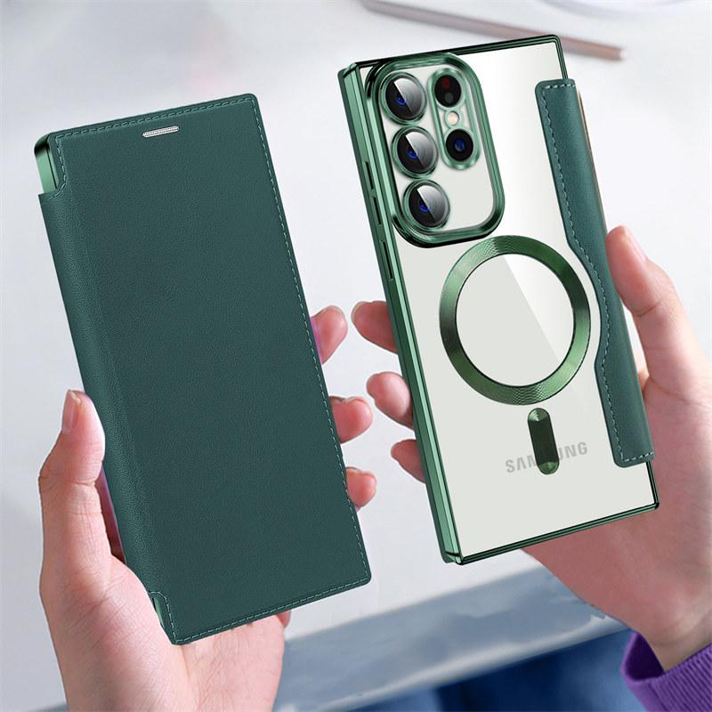 Luxury Flip Leather Magnetic Wireless Charging Phone Case For Samsung S25 S24 S23 S22 Stand Card Slots Bag Cover