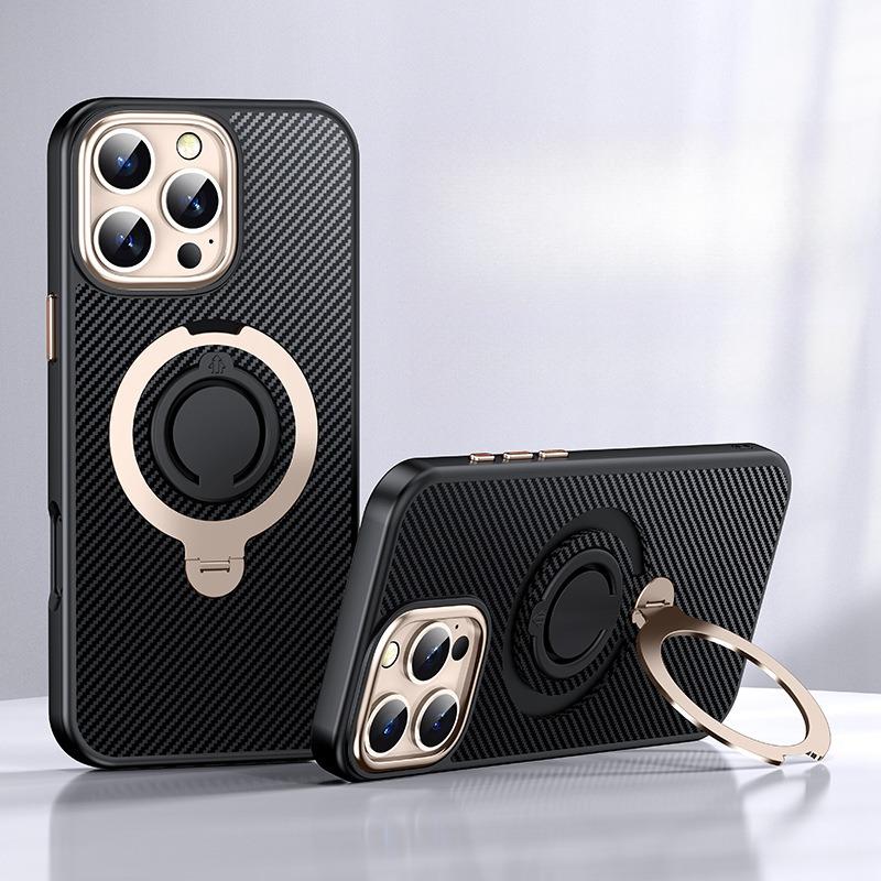 Carbon Fiber Pattern Slim PC Business Strong Magnetic Phone Case with 360 Rotating Metal Kickstand For iPhone 16ProMax 15 14 13 12 Skin Feel Bumper Shockproof Hard Full Cover