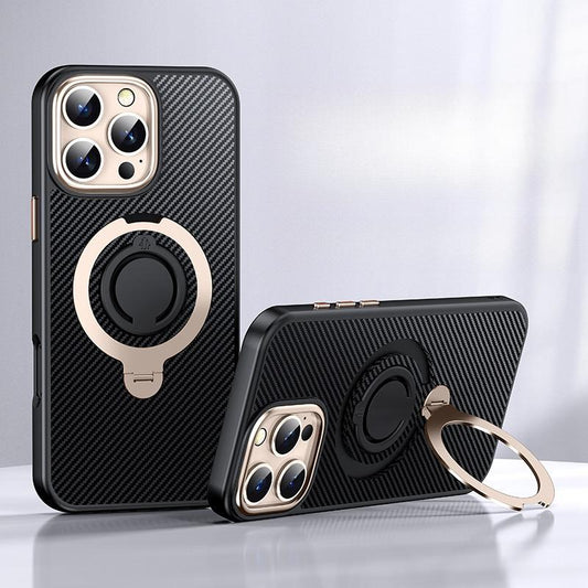 Carbon Fiber Pattern Slim PC Business Strong Magnetic Phone Case with 360 Rotating Metal Kickstand For iPhone 16ProMax 15 14 13 12 Skin Feel Bumper Shockproof Hard Full Cover
