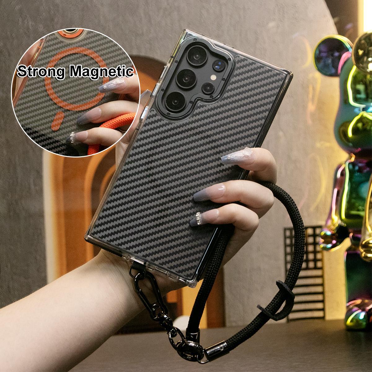 Strong Magnetic Carbon Fiber Phone Case, With MultiFunctional Wristband, Metal Hardware Acrylic, Shockproof Anti-Fall Bumper For Samsung S25Ultra S25 S24 S23 S21FE A14 A15 A24 A25 A35 A54 A55 A05