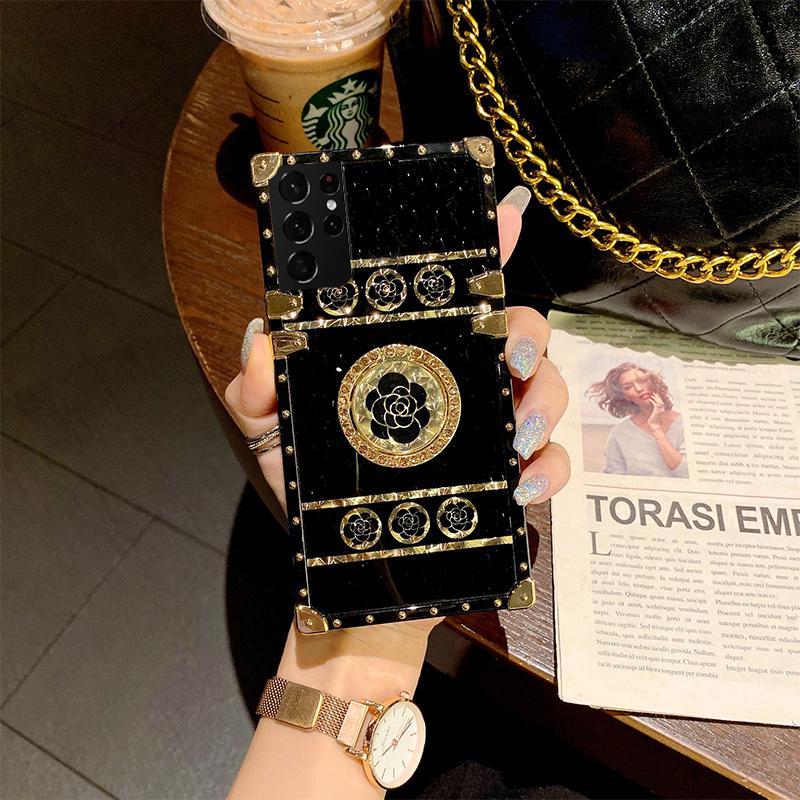 Luxury Glitter Dazzling Phantom Flower Case For iPhone 16 15 14 13 12 11 Plus Pro Max Fashion Bracket Lanyard Square Case Back Cover